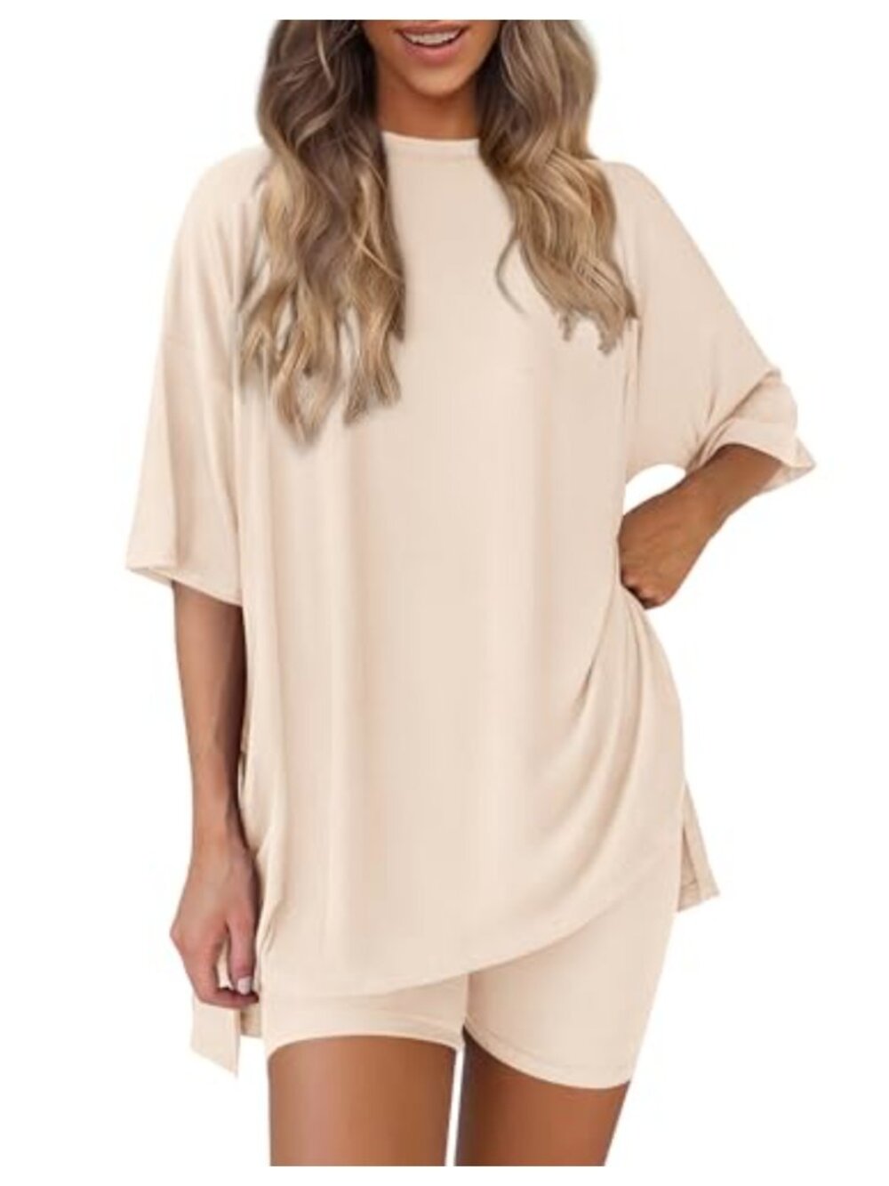 Viscose Blend 2 Piece Biker Shorts Set Oversized Tee Lounge Travel Outfit